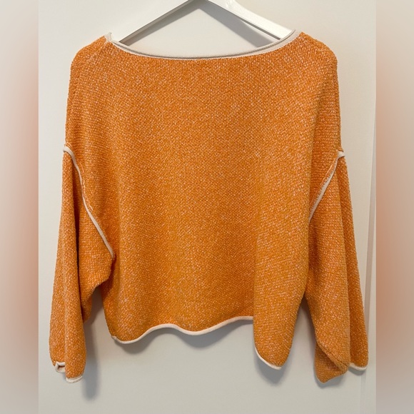 Free People Bardot Cropped Orange Textured Knit Boat Neck Long Sleeve Sweater XS - Picture 6 of 10